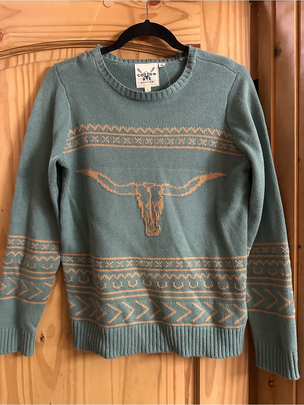Cotton & Rye Teal Sweater with Western Steer Graphic